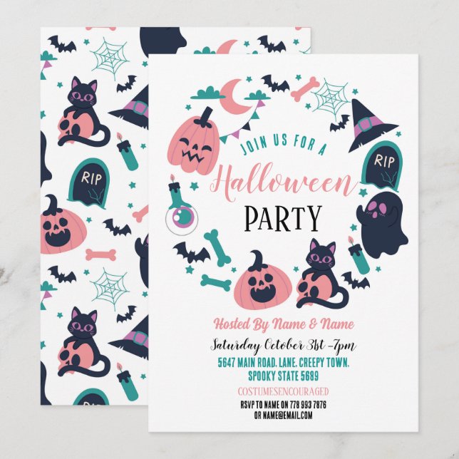 Halloween Party Invite Ghosts Pumpkins Pink (Front/Back)