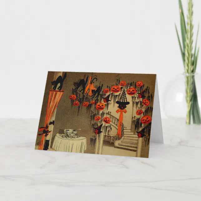 Halloween Party Jack O Lantern Pumpkin Black Cat Card | Zazzle