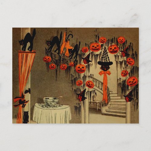 Halloween Party Jack O Lantern Pumpkin Black Cat Holiday Postcard