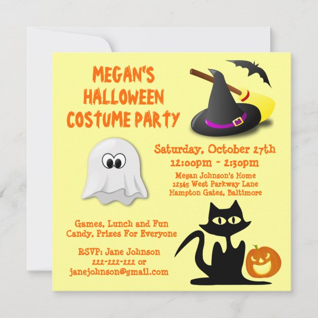Halloween Party Kids Cute Fun Ghost Pumpkin Cat Invitation (Front)