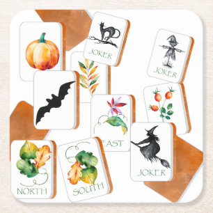 Halloween Party Mahjong Tiles  Square Paper Coaster