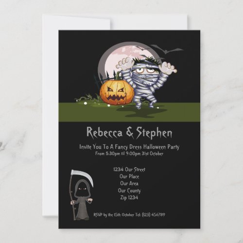 Halloween Party Mummy and Grim Reaper Personalized Announcements