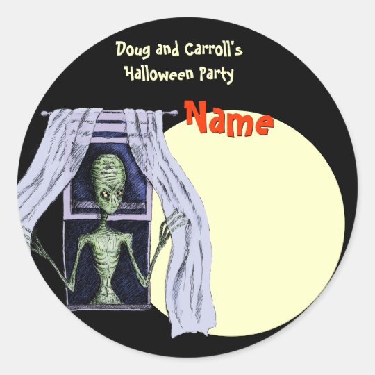 Halloween Party Name Tag Creepy Window Alien