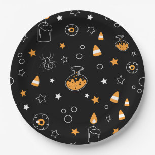halloween party orange black white paper plates