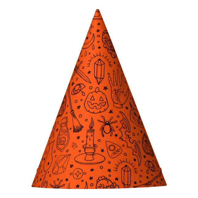 Halloween Party Orange Doodle Pattern Party Hat (Front)