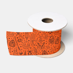 Halloween Party Orange Doodle Pattern Satin Ribbon