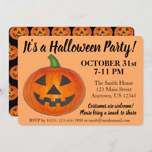 Halloween Party Orange Jack o Lantern Pumpkin Invitation