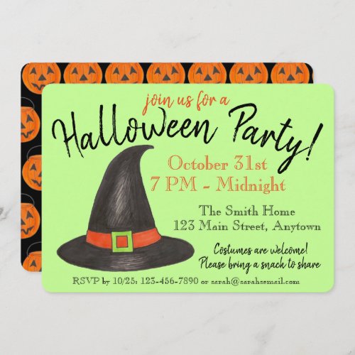 Halloween Party Orange Pumpkin Black Witch Hat Invitation