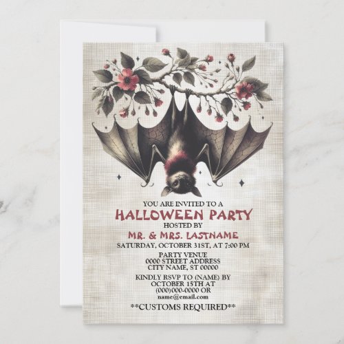 Halloween Party Pink Flowers Bat Green Leaves Invitation