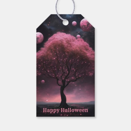 Halloween Party Pink Tree Red Moon Dark Night Gift Tags