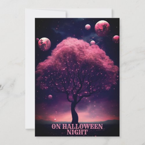 Halloween Party Pink Tree Red Moon Dark Night Invitation