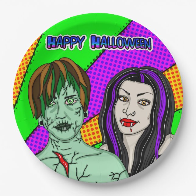 Halloween Party | Pop Art zombie Vampire  Paper Plates (Front)
