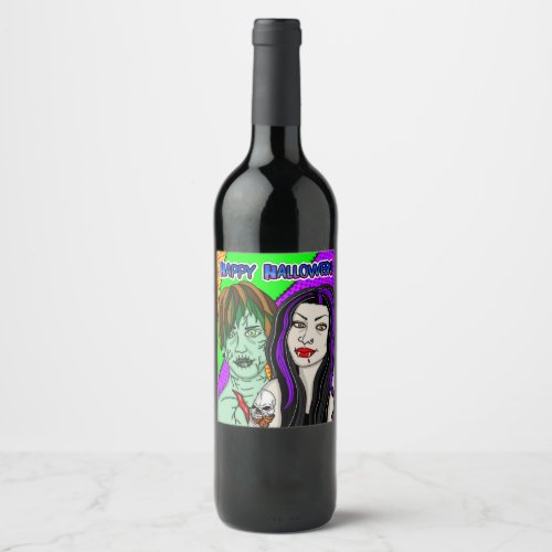 Halloween Party  Pop Art zombie Vampire  Wine Label