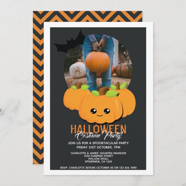 Halloween Party Pumpkin And Bat Personalized Invitation (Front/Back)