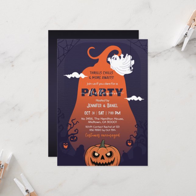 Halloween Party Pumpkin Ghost Graveyard Purple Invitation (Front/Back In Situ)