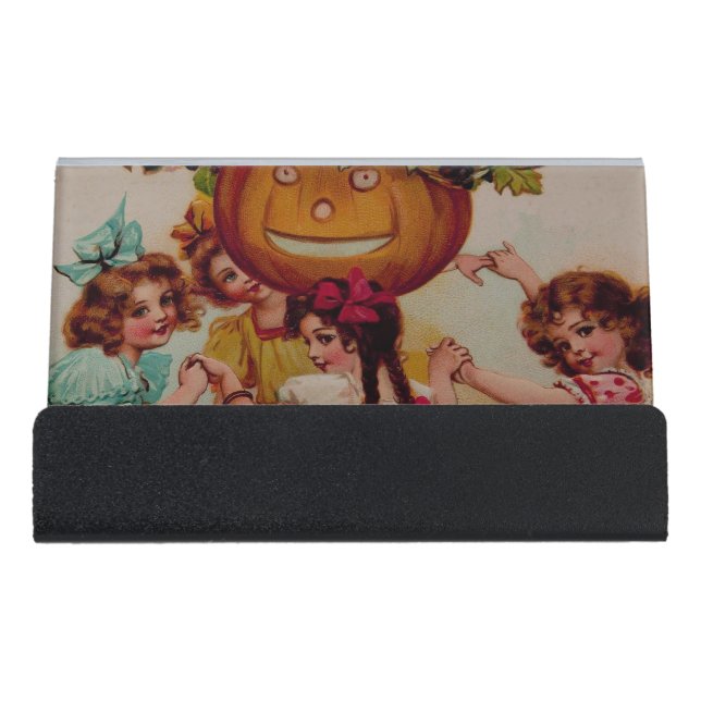 Halloween Party Pumpkin vintage Desk Business Card Holder (Front)