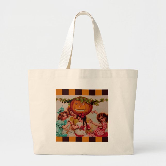 Halloween Party Pumpkin vintage Large Tote Bag (Front)
