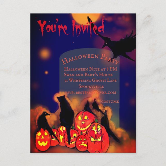 Halloween Party Pumpkins Ravens Cat Full Moon Postcard (Front)