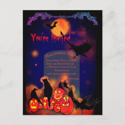 Halloween Party Pumpkins Ravens Cat Full Moon Postcard