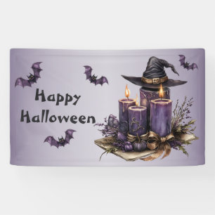 Halloween Party Purple Candles Bats Spooky Scary Banner