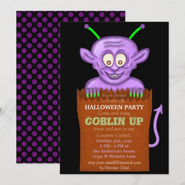 Halloween Party Purple Goblin Funny Kids Invitation (Front/Back)