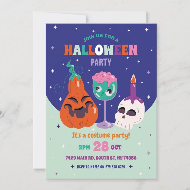 Halloween Party Retro Cocktails Vintage Skull Invitation (Front)