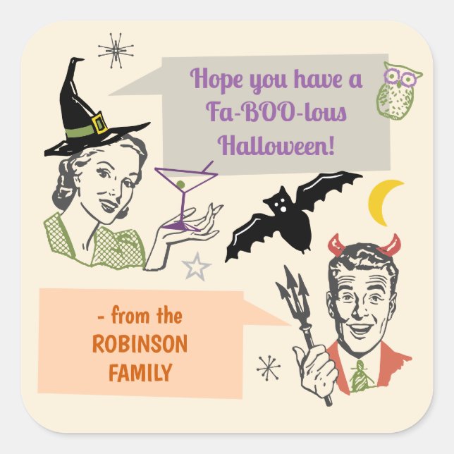 Halloween Party Retro Humor Faboolous Custom Name Square Sticker (Front)
