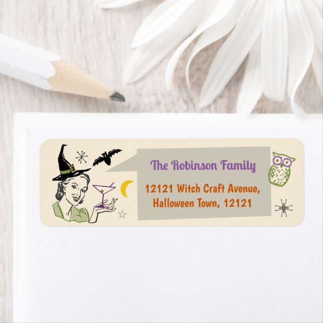 Halloween Party Retro Witch Custom Name Address Label (Insitu)