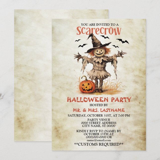 Halloween Party Scarecrow Evil Orange Pumpkin Invitation (Front/Back)