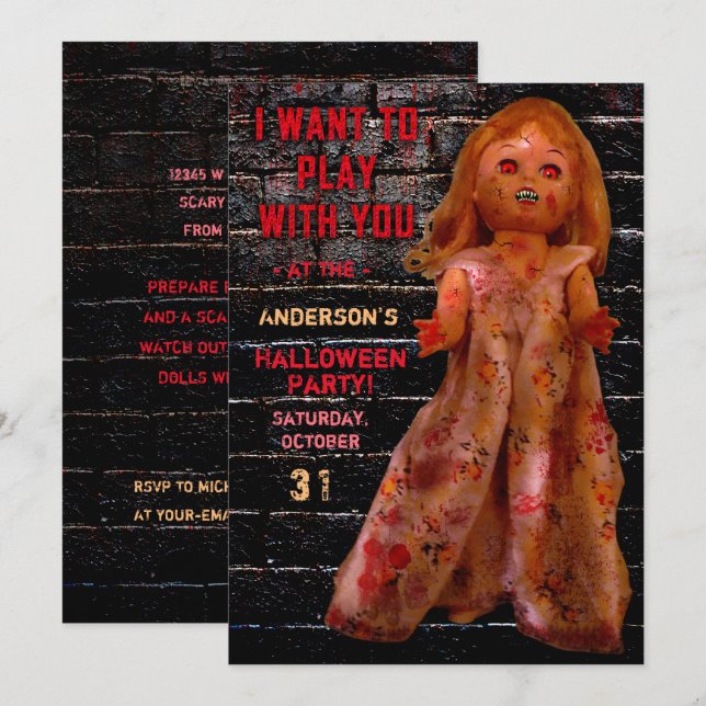 Halloween Party Scary Creepy Doll Wants to Play Invitation (Front/Back)