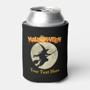 Halloween Party Scary Witch on Broom and Pumpkin Can Cooler