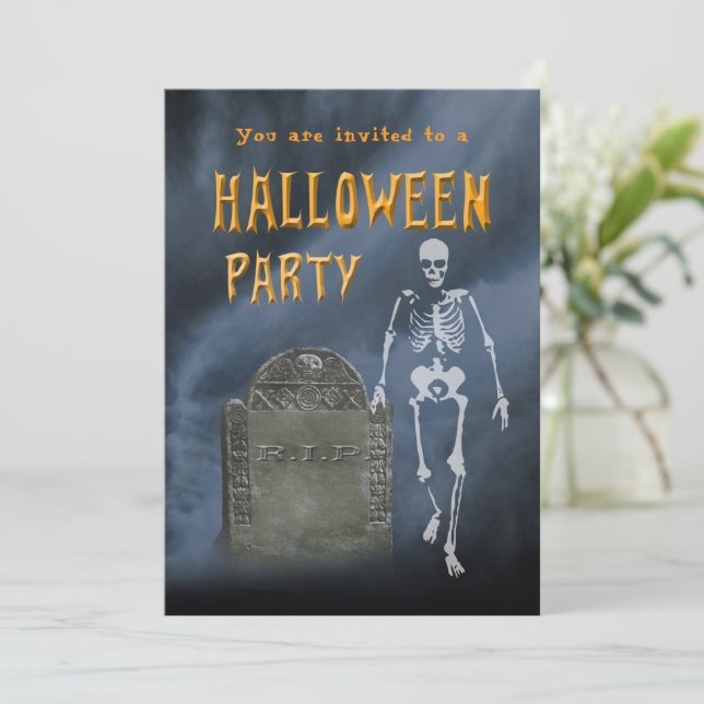Halloween Party Skeleton and Ancient Tombstone Invitation (Standing Front)