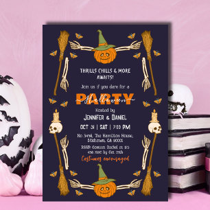Halloween Party Skeleton Hand Witch Broom Gothic Invitation