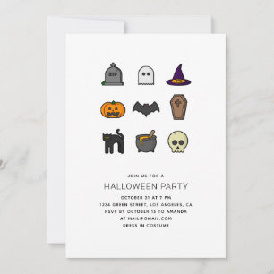 Halloween party. Skull, pumpkin, bat, black cat Invitation