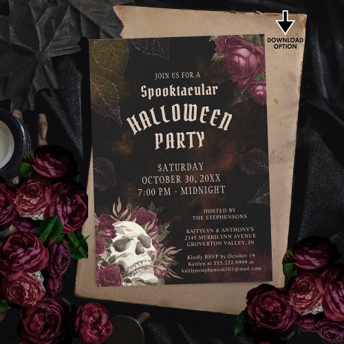 Halloween Party Skull Roses Dark  Invitation