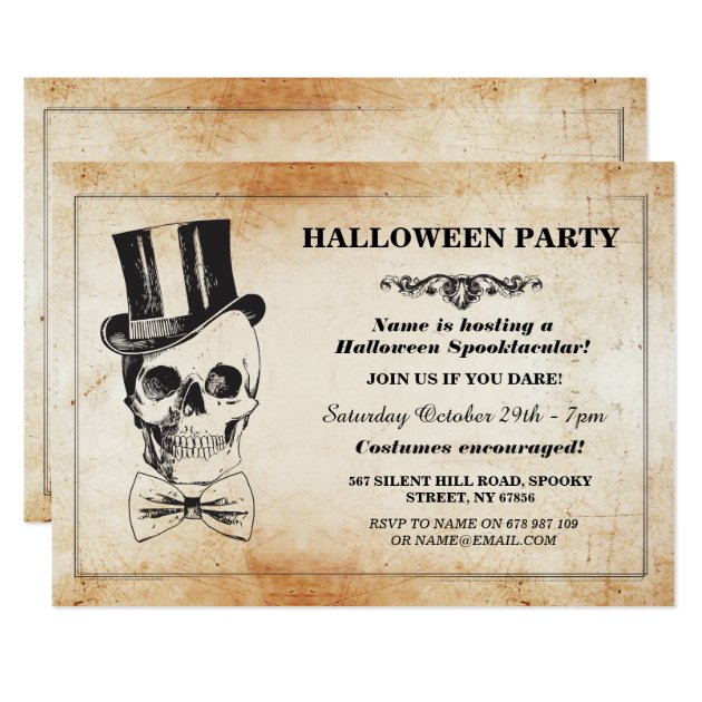 Halloween Party Skull Top Hat Bow Tie Spook Invite