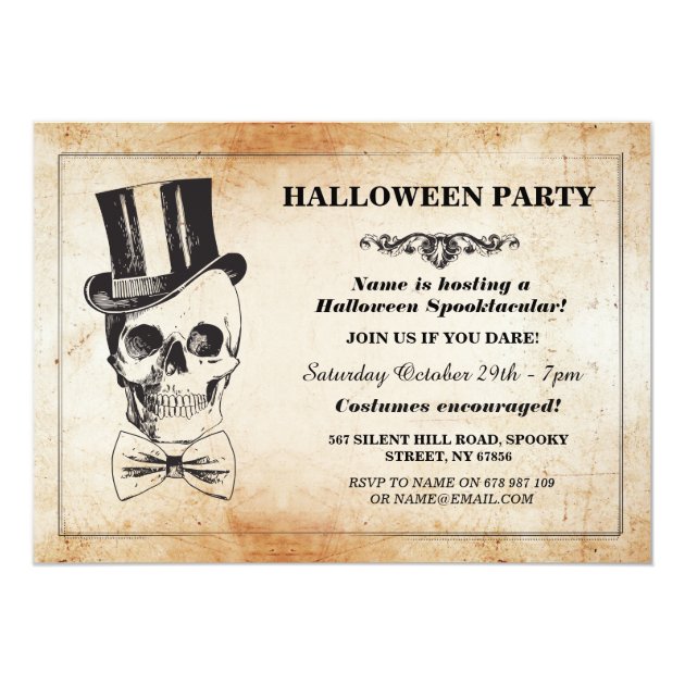 Halloween Party Skull Top Hat Bow Tie Spook Invite