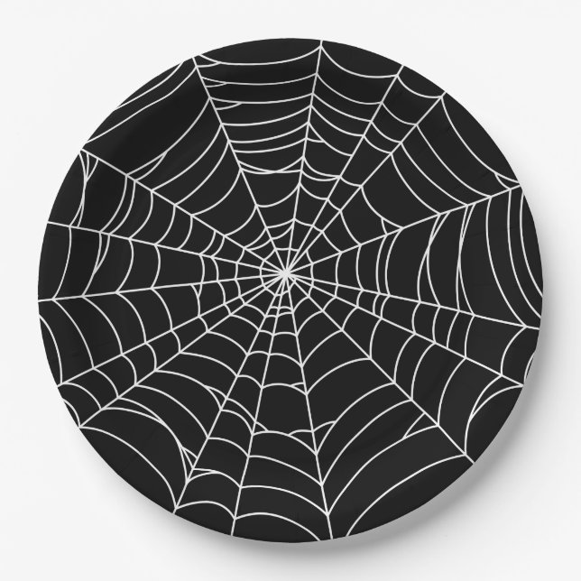 Halloween Party, Spider Web, Black and White Paper Plates (Front)