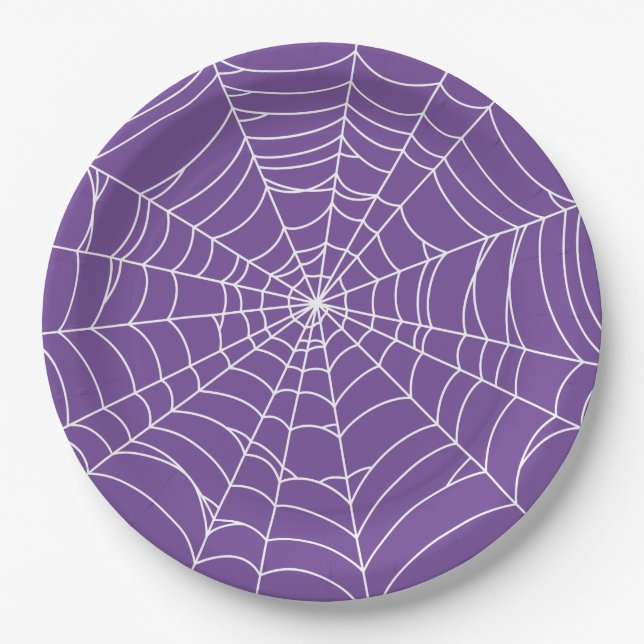 Halloween Party, Spider Web, Purple and White Paper Plates (Front)