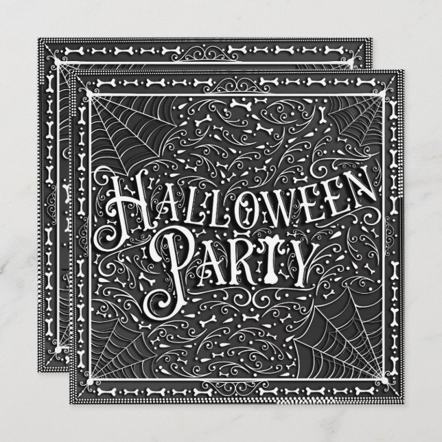 Halloween Party Spiderwebs & Bones Black White Invitation (Front/Back)