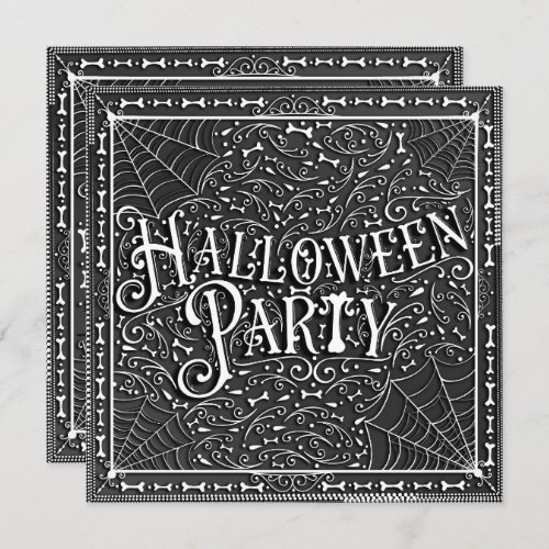 Halloween Party Spiderwebs  Bones Black White Invitation