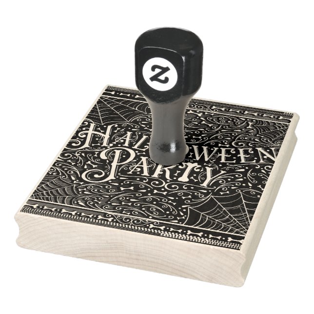 Halloween Party Spiderwebs & Bones Black White Rubber Stamp (Stamp)