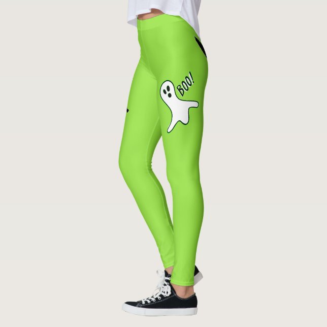 Halloween Party Spooky Cat Cute Ghost Neon Green Leggings (Left)