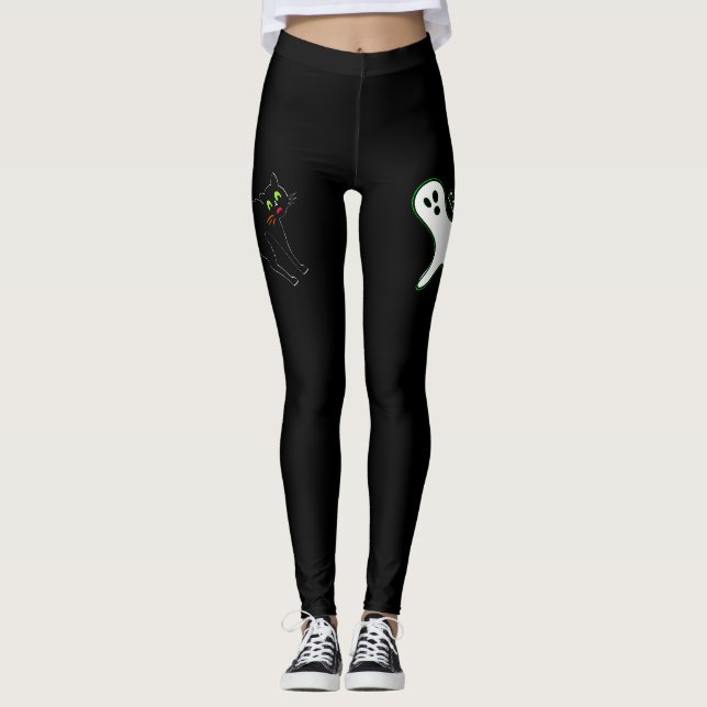 Halloween Party Spooky Scary Cat Cute Ghost Black Leggings (Front)