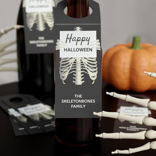 Halloween Party Spooky Skeleton Black and White Bottle Hanger Tag