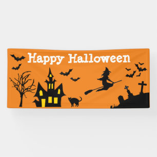 Halloween Party Spooky Witch Haunted House Bats Banner