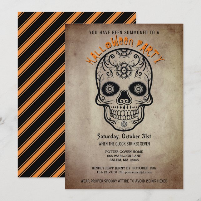 Halloween Party Sugar Skull Day of the Dead Invitation (Front/Back)