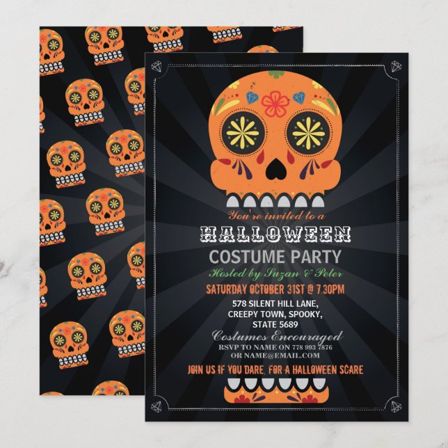 Halloween Party Sugar Skull October Orange Pumpkin Invitation (Front/Back)