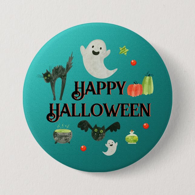 Halloween Party Teal and Green Button (Front)