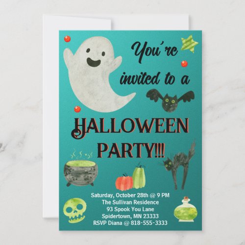 Halloween Party Teal and Green Invitation